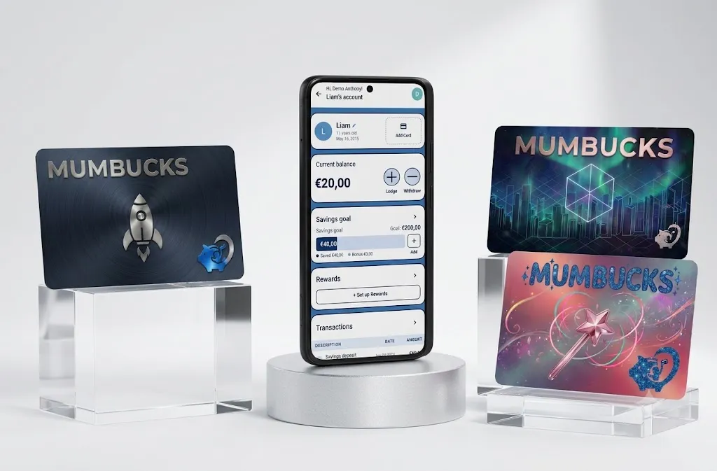 The Mum Bucks app open on a child's account, beside three physical Mum Bucks cards.